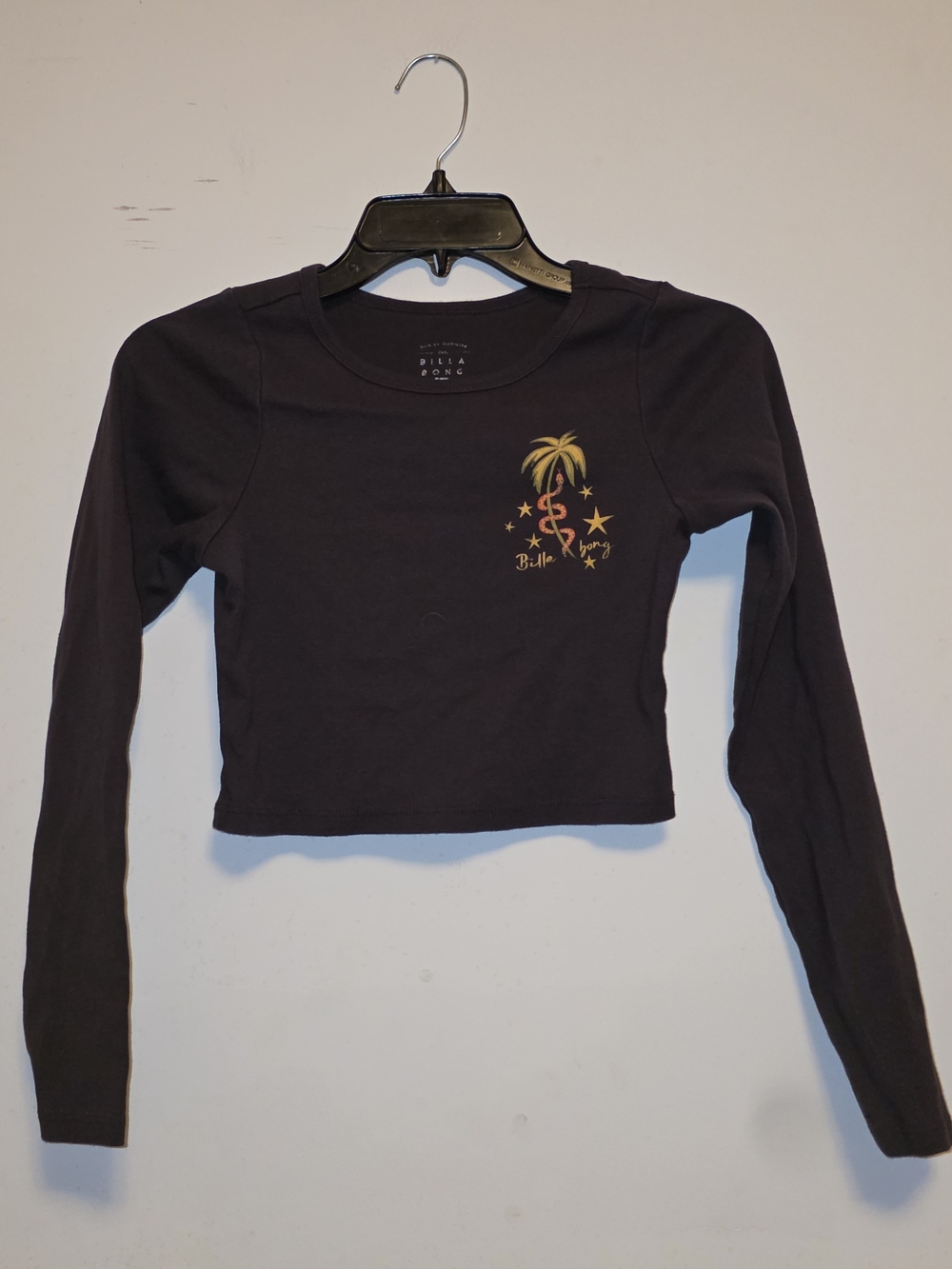 Billabong Black Long Sleeve Cropped Tee with Palm Graphic